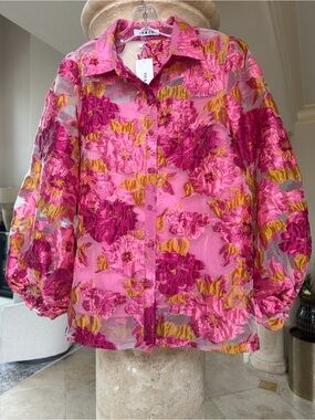 Lux Vibrant Fuchsia Button-Front Floral Blouse Size Small